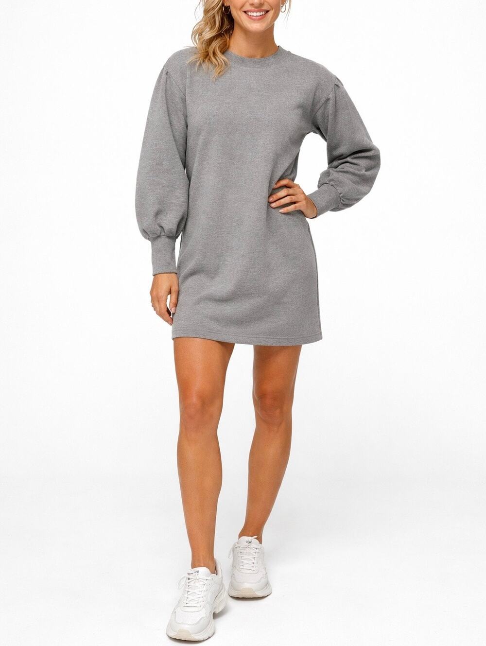 Albion Neo Crop Scuba Sweatshirt Dress Gray S Puff Sleeve Long Sleeve Lounge